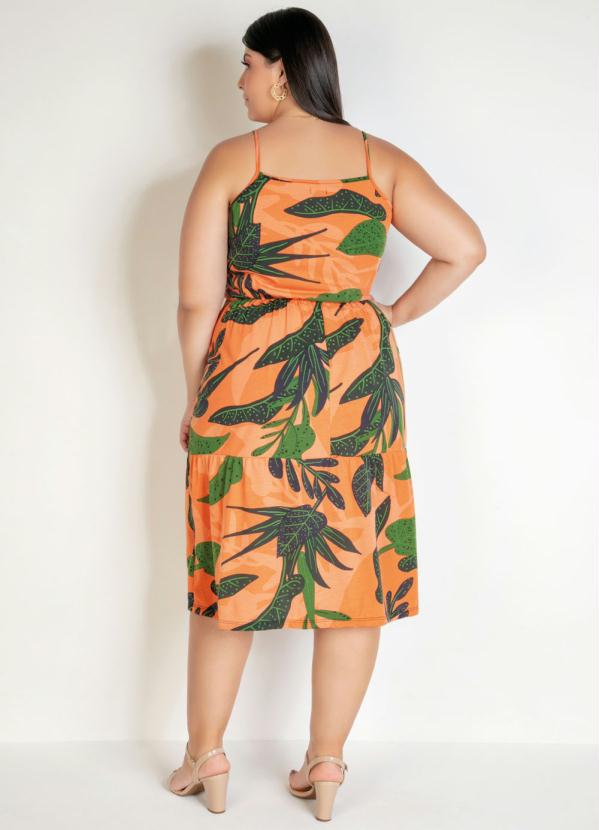 

Vestido Folhagem Laranja com Elástico Plus Size