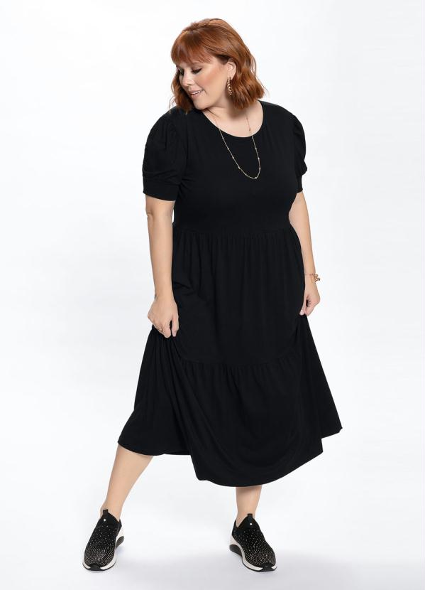 

Vestido Midi Plus Size Preto com Manga Bufante