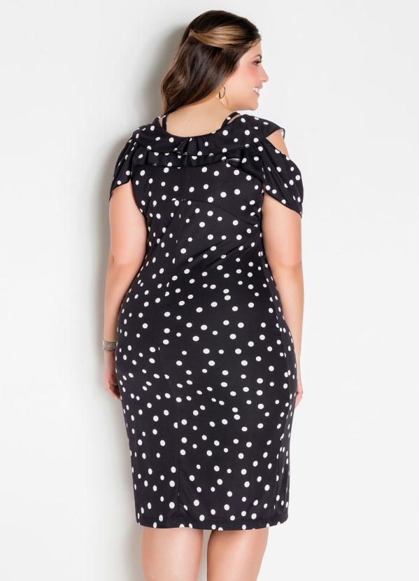 

Vestido Midi Poá Plus Size com Alças e Babados, Preto