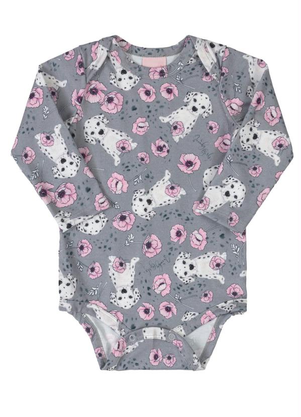 

Body Infantil Manga Longa Flores Cinza