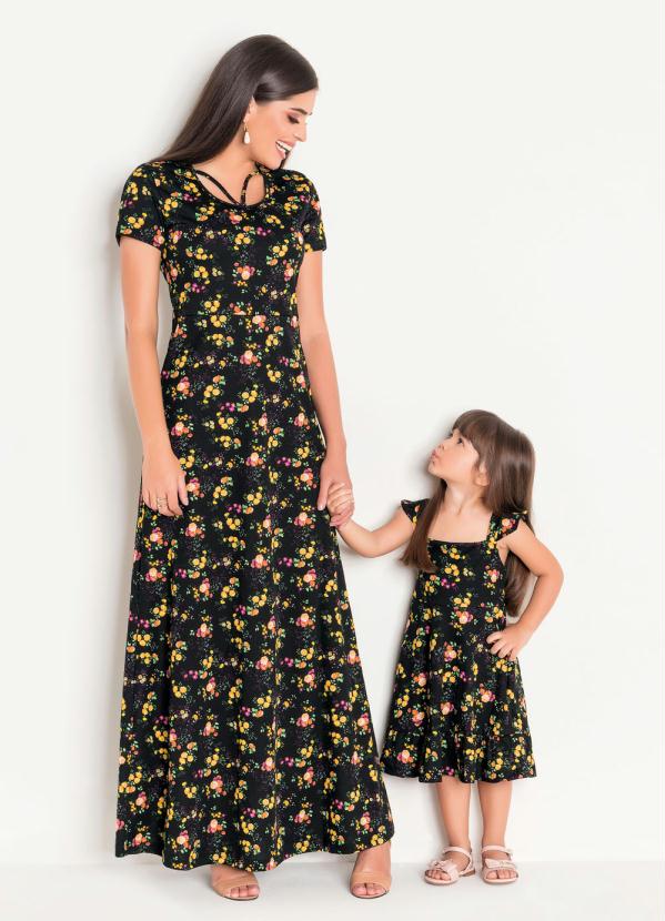 

Vestido Infantil com Alça Floral Moda Evangélica, Preto