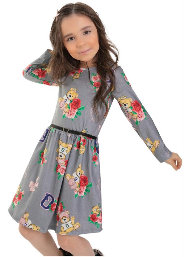 

Vestido Infantil Manga Longa Flores Mescla, Cinza