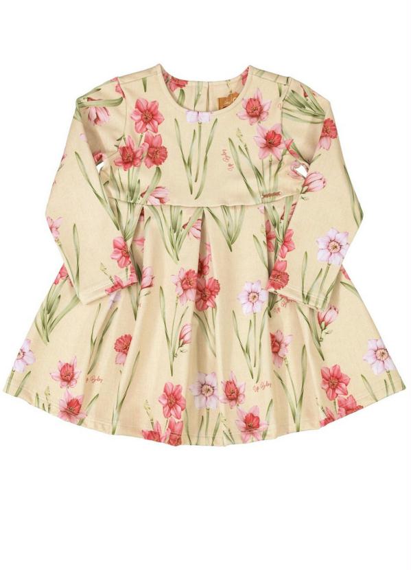 

Vestido Inverno Manga Longa Flores Bege